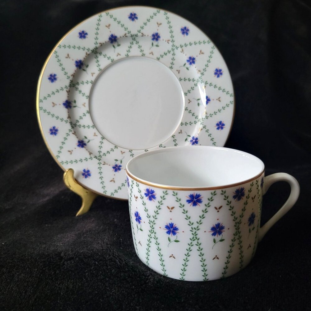 Philippe Deshoulieres Barbizon Flat Cup & Saucer Set With Blue Floral & Gold Acc
